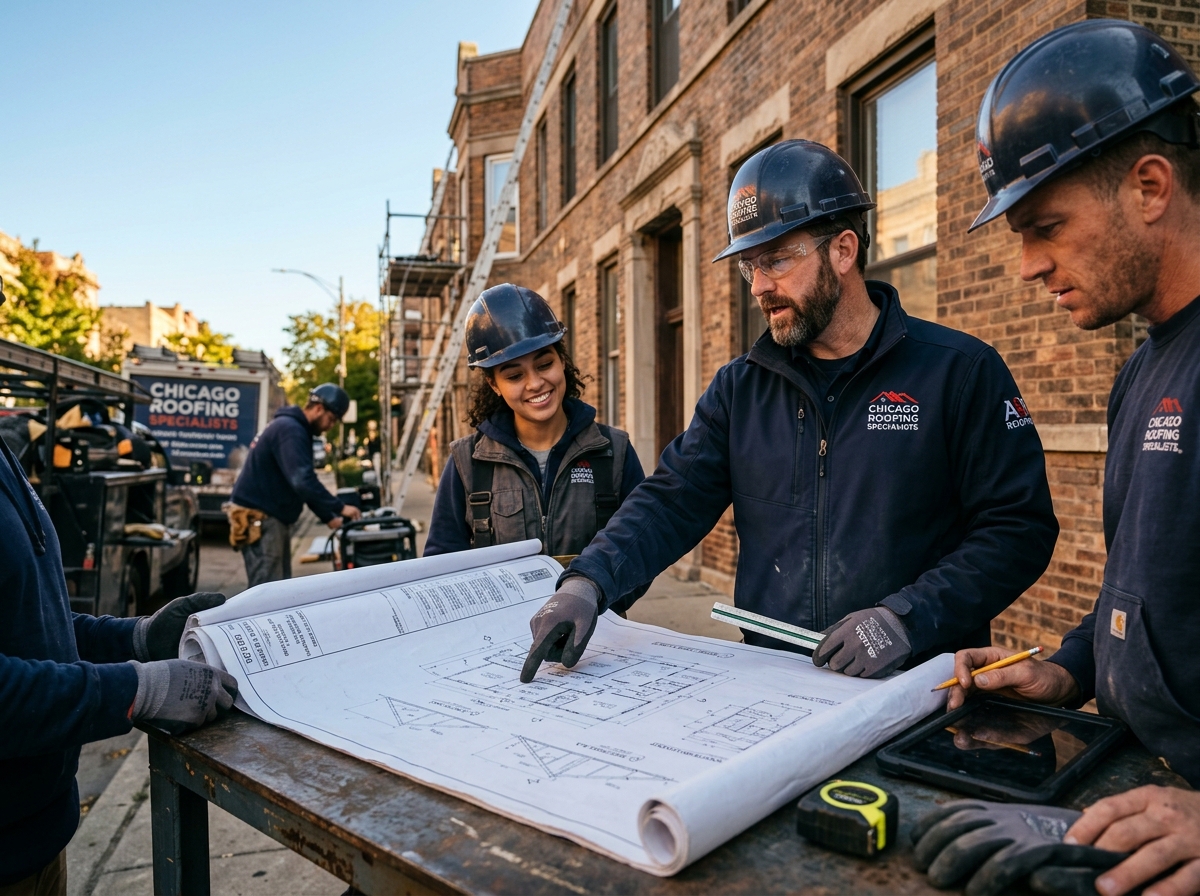 Contractor team reviewing building repair plans in Chicago